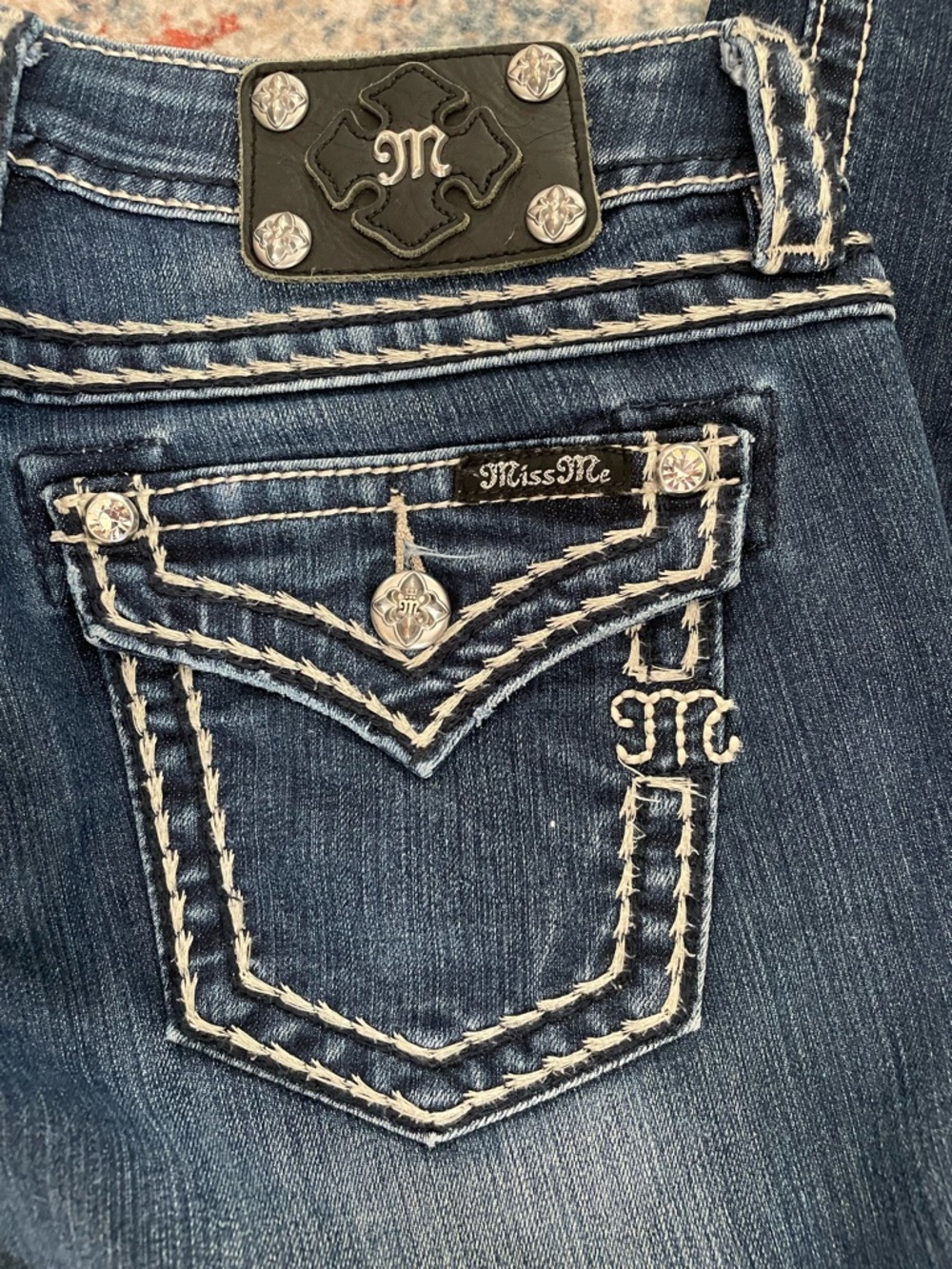 Miss Me Dark Blue Bootcut Jeans with White Contrast Stitching - Picture 2 of 8